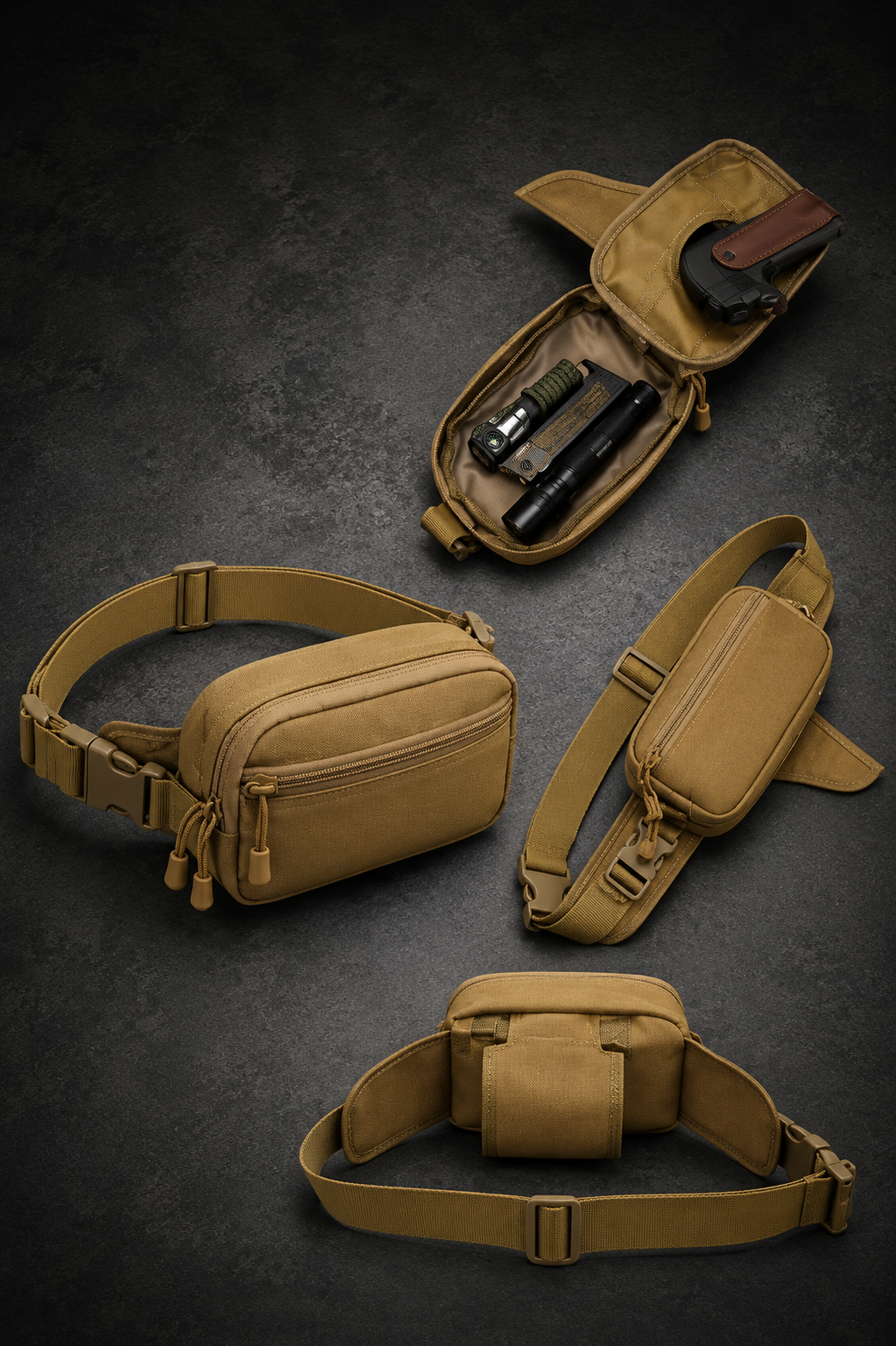 Set of brown waist bags on a dark textured background